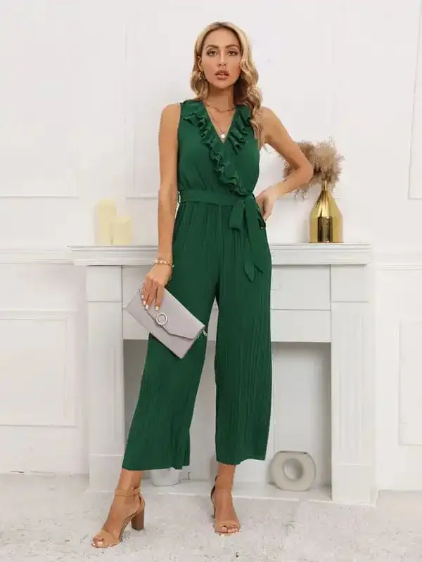 Women’s Solid Color Ruffle Rim Waist Tie Jumpsuit