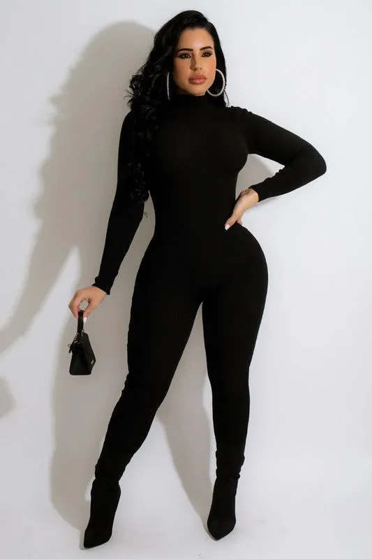 Zipper Mock Neck Long Sleeve Ribbed Jumpsuit