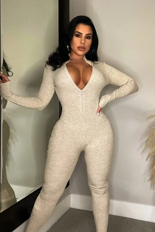 Zipper Mock Neck Long Sleeve Ribbed Jumpsuit